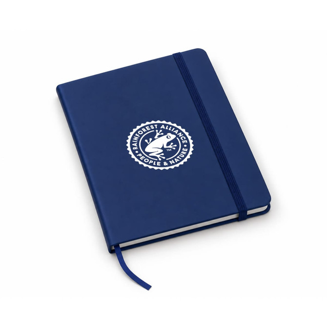 A navy FSC notebook with a white logo on the cover and a matching elastic band closure.