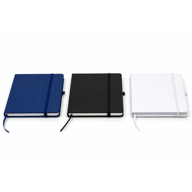 Three FSC notebooks in blue, black, and white, featuring elastic bands and ribbon bookmarks. Each has a logo.