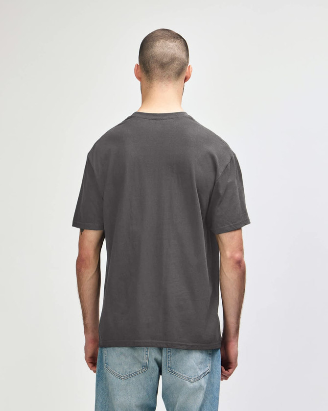 A back view of a midweight adult T-shirt in olive green, featuring a plain design and a logo on the neckline.