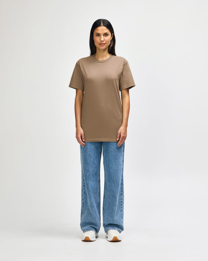 A midweight adult t-shirt in a taupe colour, featuring a crew neck and short sleeves, with a branding logo.