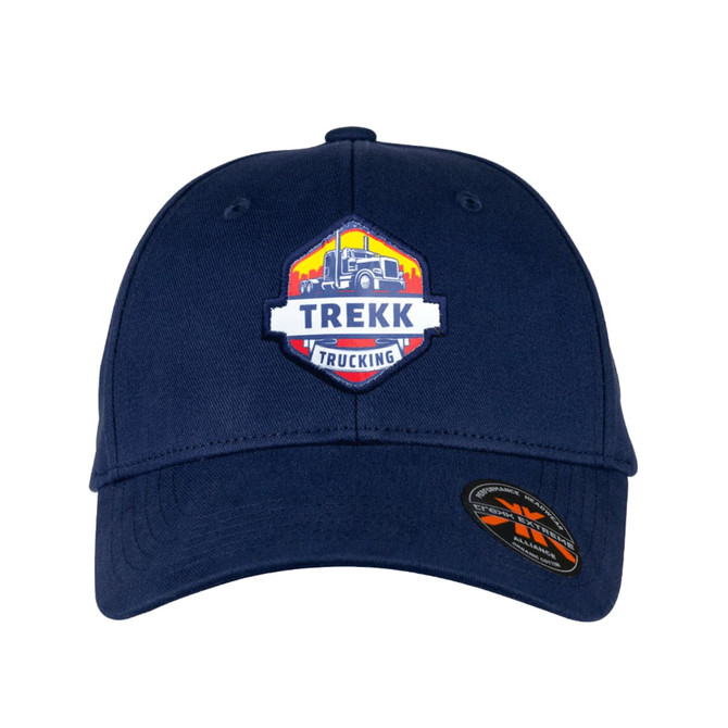 A navy organic cotton twill cap featuring a logo. The cap has a structured design and a curved peak.