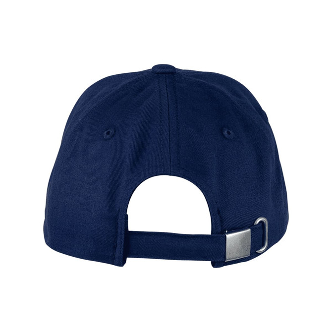 A navy blue cotton twill cap featuring a rear adjustable strap and a logo on the side.