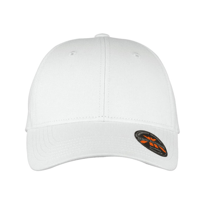 A white organic cotton twill cap featuring a curved brim and a logo on the side.
