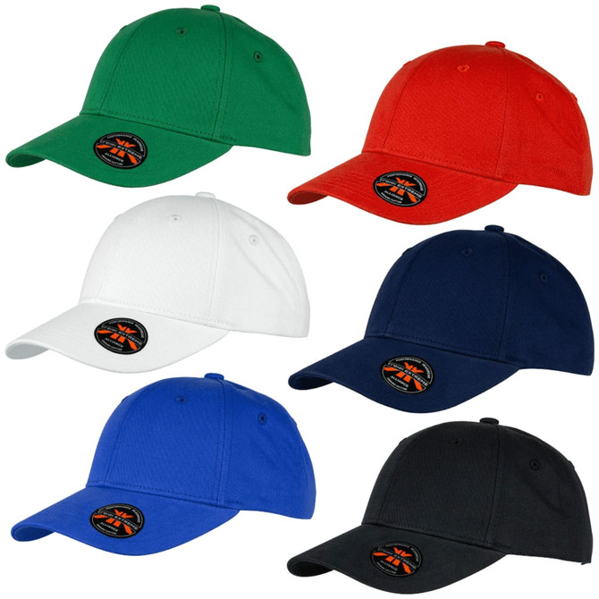 A collection of six caps in green, red, white, navy, blue, and black, each with a round logo on the front.