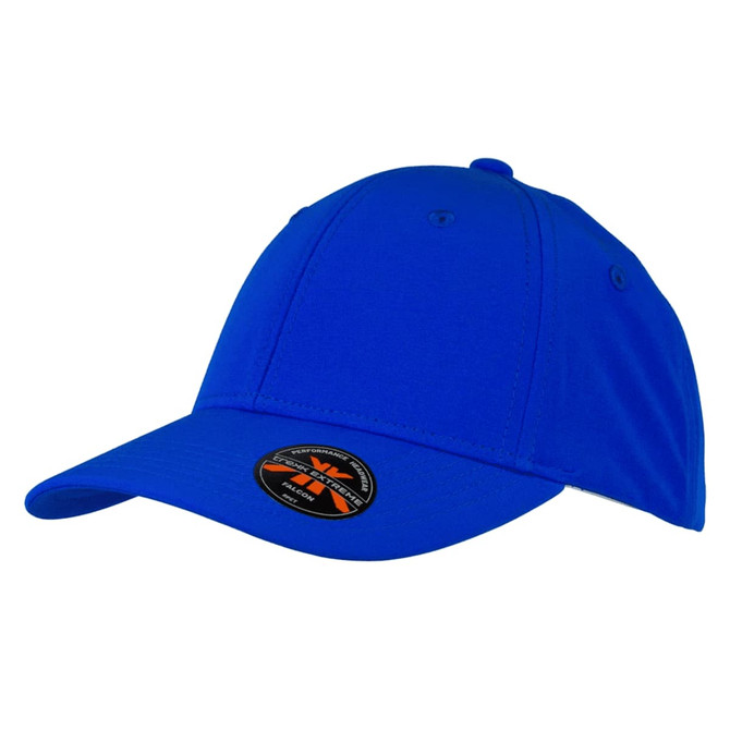 A blue cap featuring a curved brim and an attached logo on the front side.