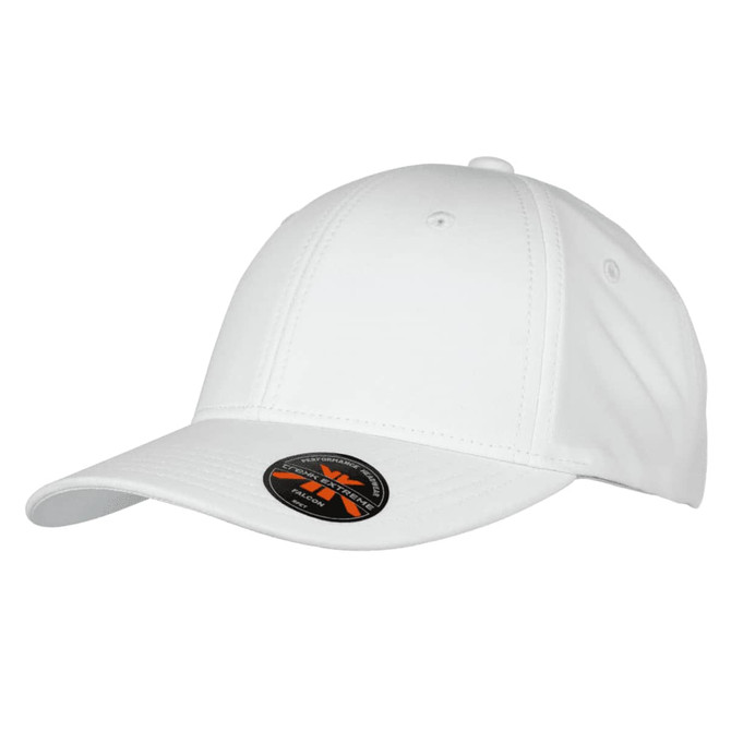 A white Falcon Flex Cap with a curved brim and a logo on the side.