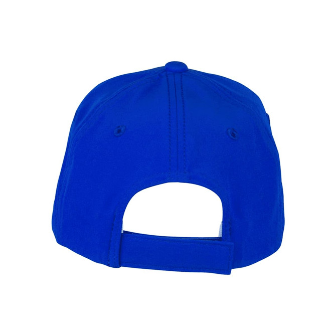 A blue cap featuring a rear opening and an adjustable strap, with a branding logo on the side.