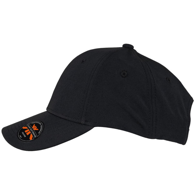 A black cap with a curved peak and an adjustable strap, featuring a logo on the front.