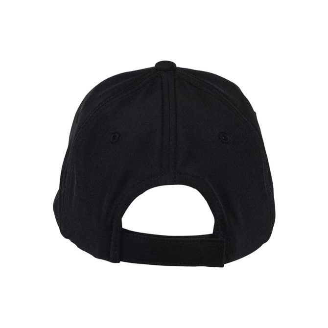 A black cap featuring an adjustable strap and a logo on the back.