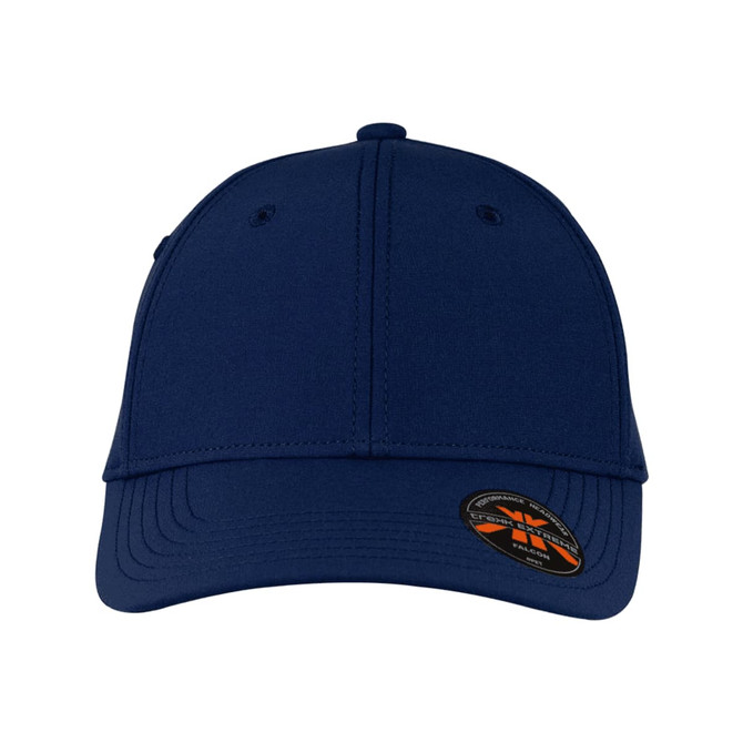 A navy blue cap with a structured design and a logo on the side.