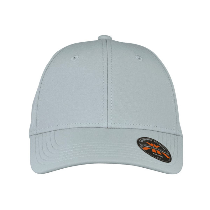 A light grey cap featuring a rounded crown, a stiff brim, and a branding logo on the side.