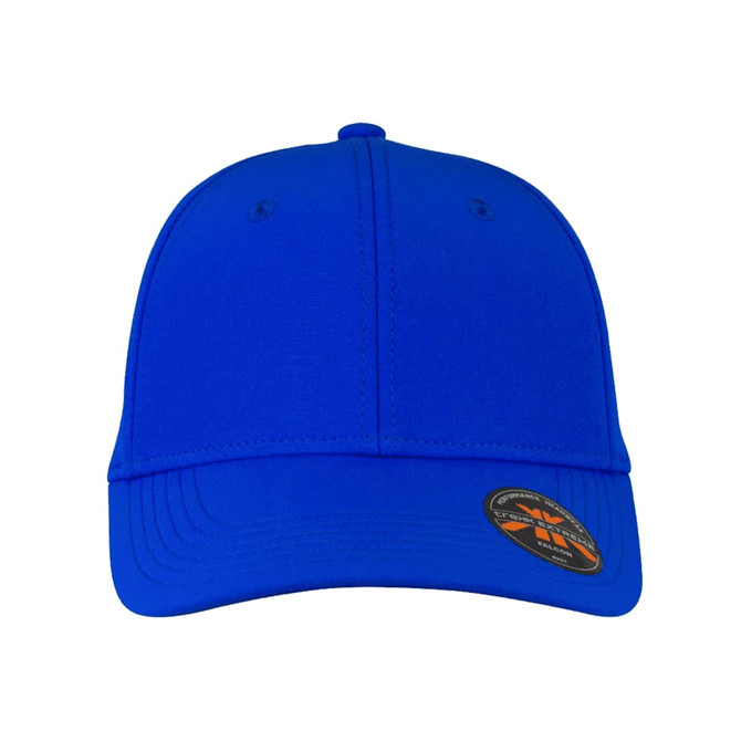 A blue Falcon Flex Cap featuring a structured design and a branded badge on the side.