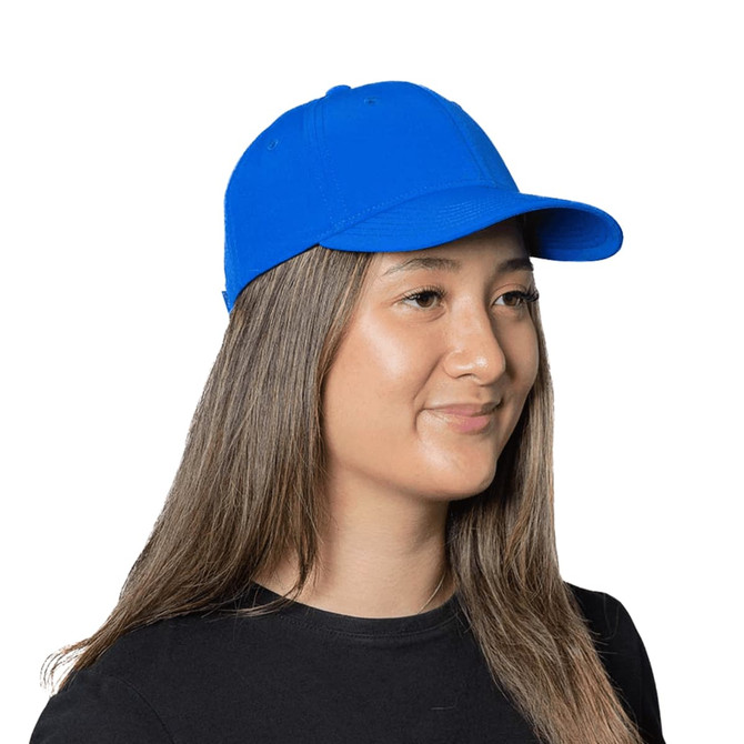 A blue cap with a curved brim and adjustable strap, featuring a logo on the front.