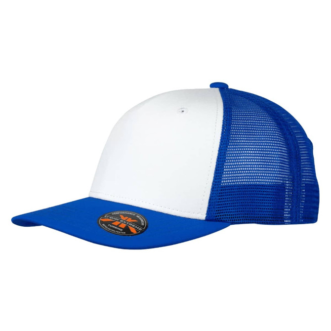 A blue and white trucker cap with a mesh back and a branding logo on the front.