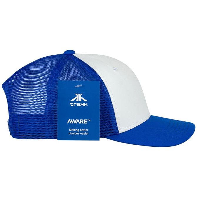A blue and white trucker cap featuring a mesh back and a tag with branding.