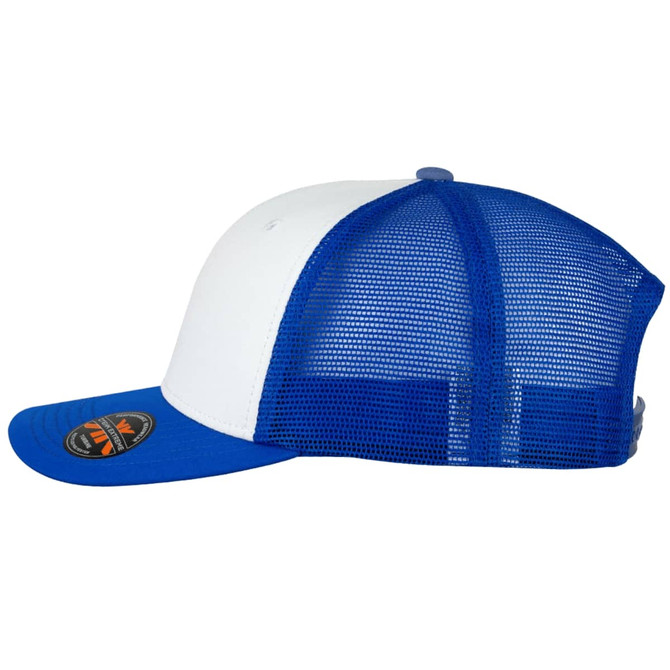 A blue and white Turbine Trucker Cap featuring a mesh back and a logo on the front.