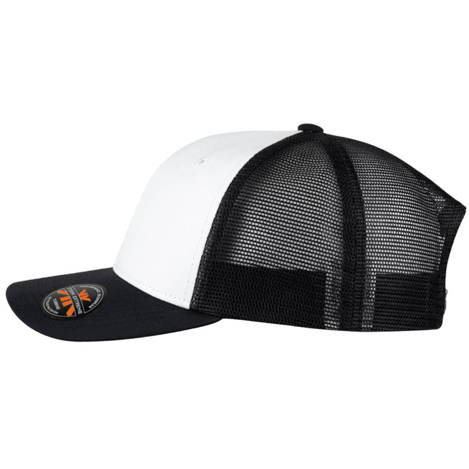 A black and white trucker cap featuring a mesh back and a circular logo on the front.