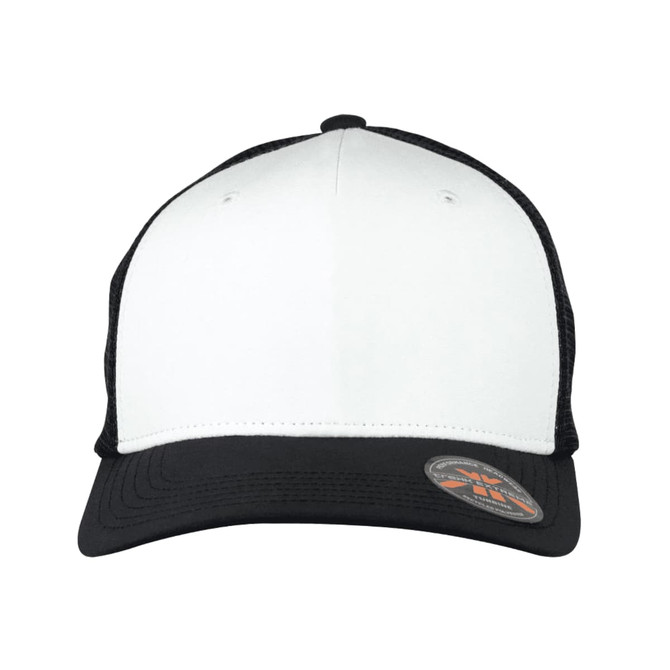 A trucker cap featuring a white front and black mesh back, with a curved visor and logo on the side.