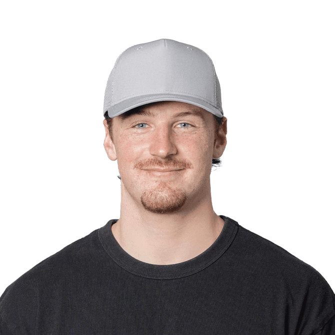 A grey trucker cap with a structured front and mesh back, worn by a smiling man in a black shirt.