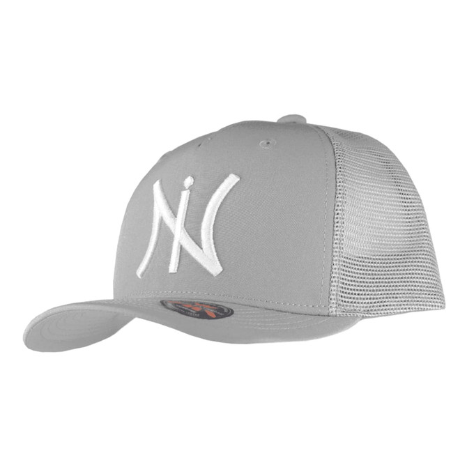 A grey trucker cap with a mesh back and a prominent logo on the front.