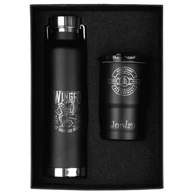 A drink bottle and tumbler gift set in black, featuring a logo on each item, presented in a sleek black box.