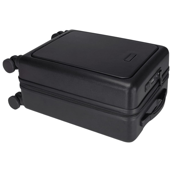 A black wheeled cabin trolley with a hard exterior, featuring a handle and two wheels for easy transport.