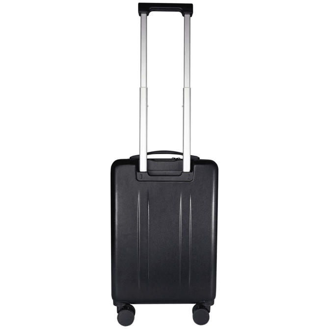 A black recycled cabin trolley bag with a retractable handle and four wheels. It features a logo on the front.