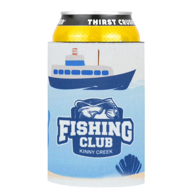 A neoprene stubby holder in blue featuring a fishing theme and a logo, designed for beverage cans.