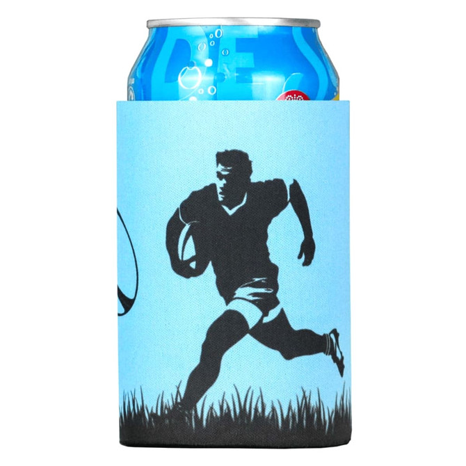 A blue neoprene stubby holder features a silhouette of a rugby player and has a can inside.