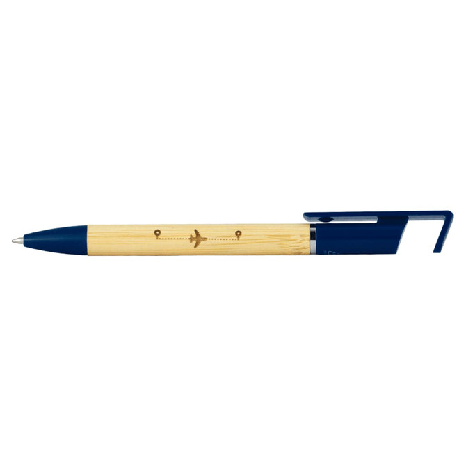 A bamboo pen with a blue clip and tip, featuring an engraved design and a branding logo.