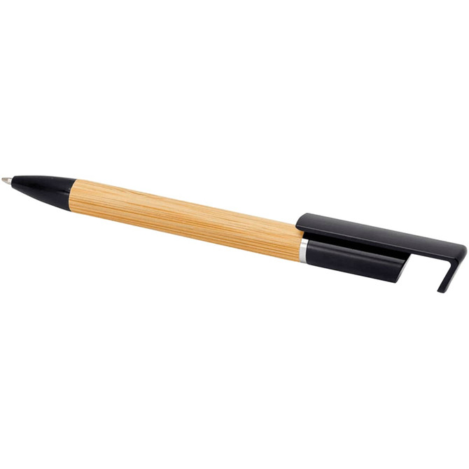 A pen with a bamboo barrel and black accents, featuring a clip for attachment. It has a logo displayed on the barrel.