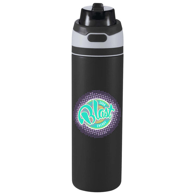 A drink bottle with a sleek black design and a flip straw, featuring a logo on the front.