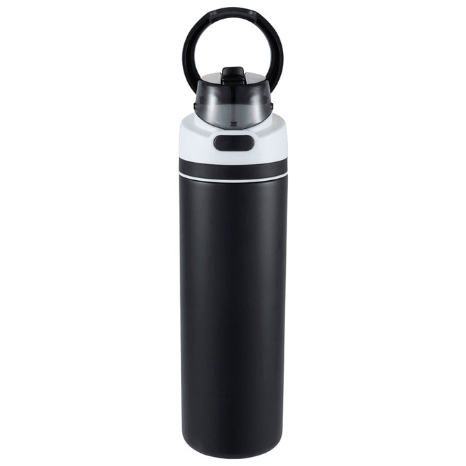 A drink bottle in black and white, featuring a flip straw and a carrying handle, with a logo present.