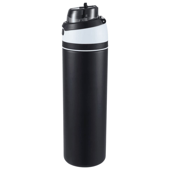 A drink bottle with a sleek black body and white top, featuring a flip straw and a logo.