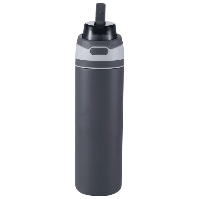A drink bottle in grey with a flip straw lid and a logo on the side. Suitable for recycled stainless steel.