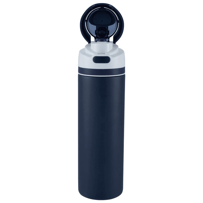 A drink bottle featuring a navy blue design, stainless steel construction, and a flip straw lid. It includes a logo.