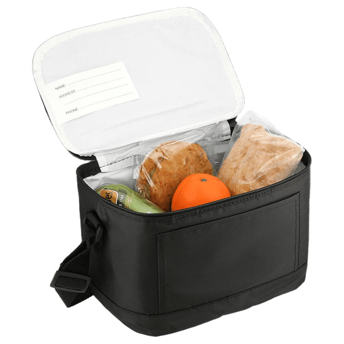 A black insulated cooler lunch bag with a white zipper, containing two bread rolls, an orange, and a green apple.