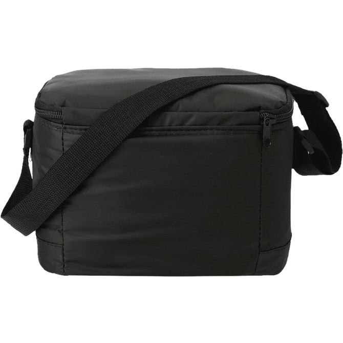 A black insulated cooler lunch bag with a zippered closure and adjustable shoulder strap. It features a logo.