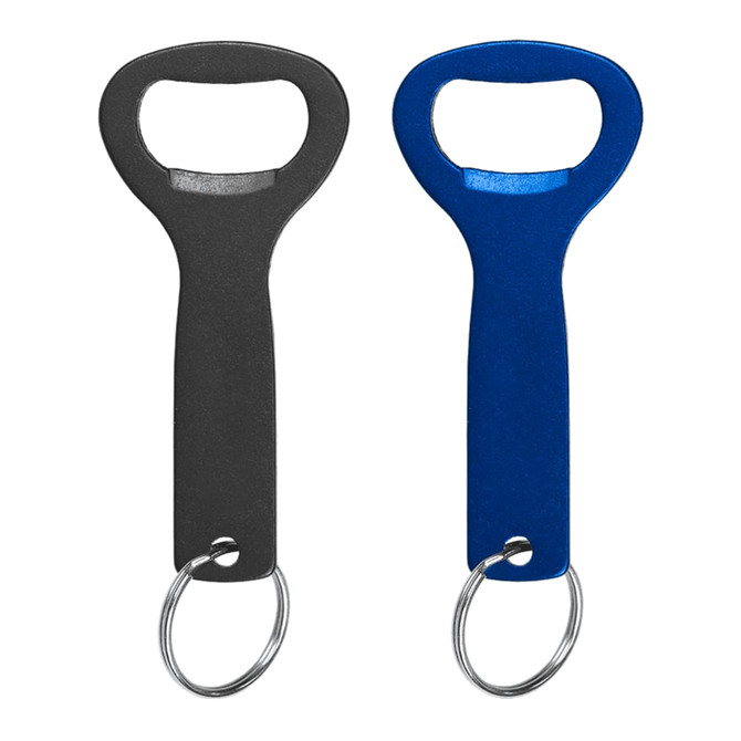 A drink bottle opener key ring in black and blue, featuring a simple design and a metal key ring.