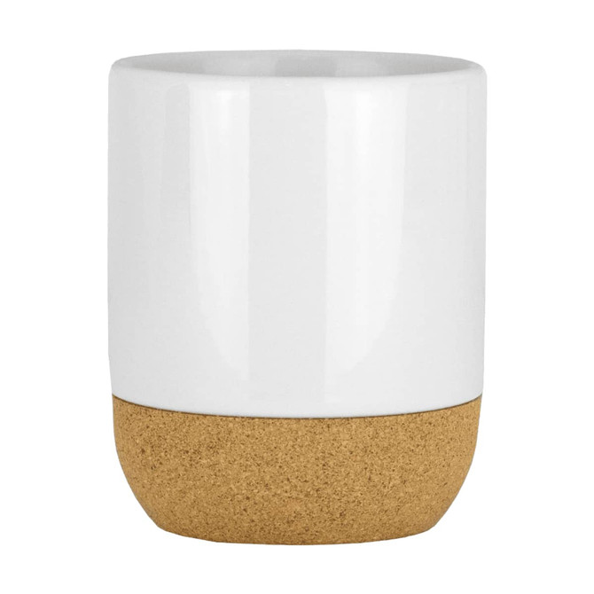 A ceramic mug with a white upper section and a cork base, featuring a smooth finish and a logo.