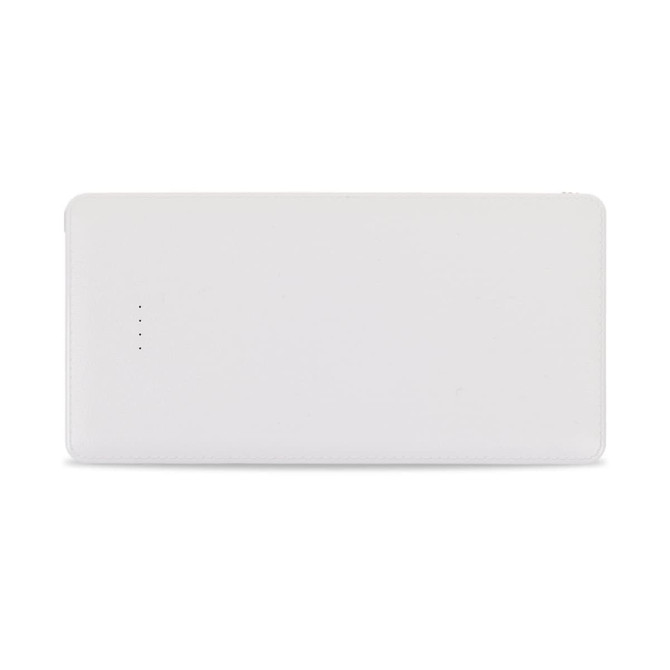 A white power bank with a sleek design and four indicator lights on one side. It features a branding logo.
