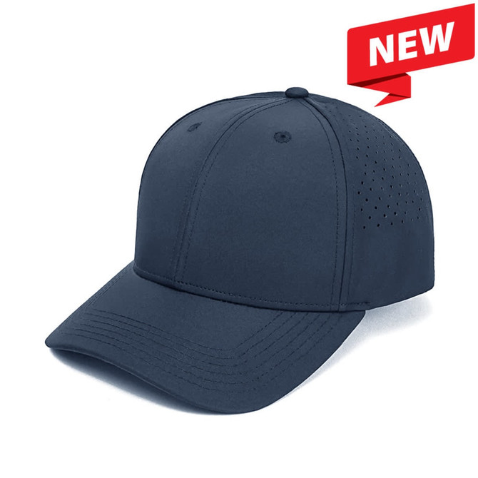A navy cap with perforated detailing on the sides and a curved brim, featuring a logo on the front.