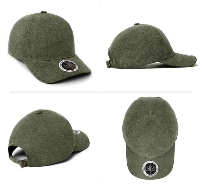 An olive green unstructured cap featuring a round logo, displayed from multiple angles.