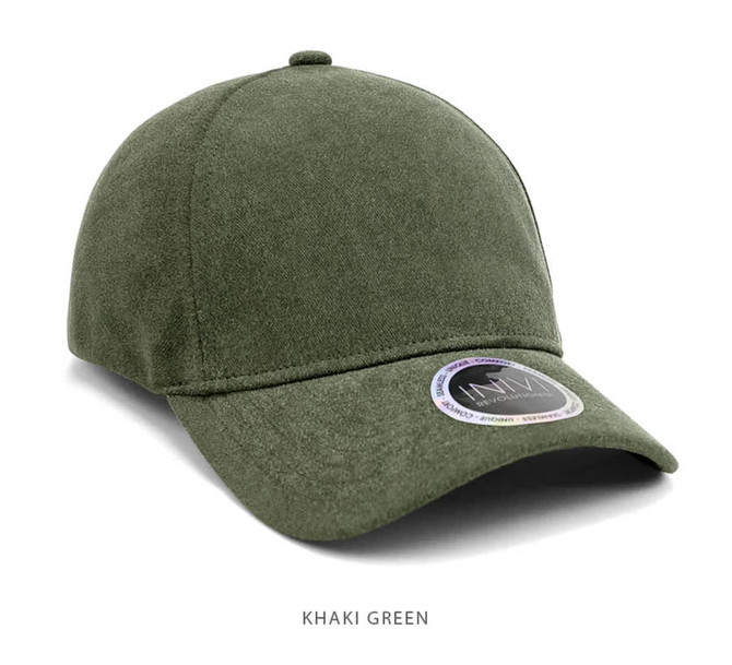 A khaki green unstructured cap with a curved brim and a logo on the front.