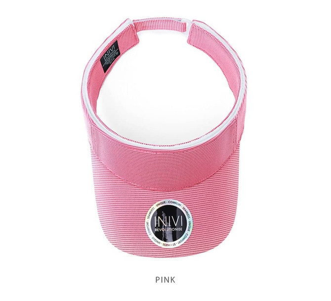 A pink visor with a removable sweat band, featuring a logo on the front.