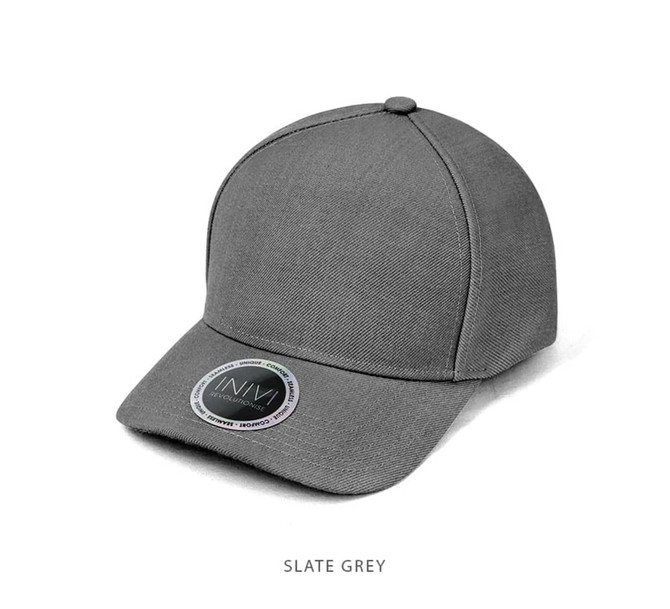 A slate grey cap with a rounded crown and a bill, featuring a logo on the front.
