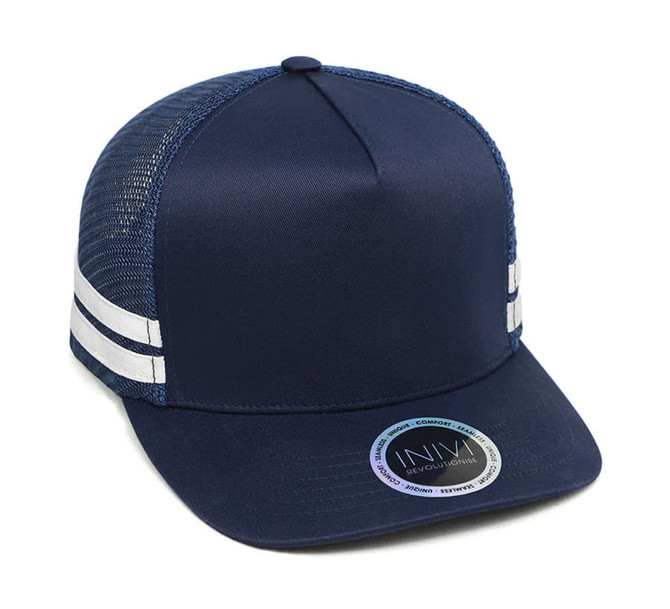 A navy trucker cap with mesh panels and white stripes, featuring a logo on the front.