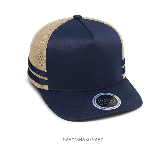 A navy and khaki trucker cap with mesh sides and a curved peak, featuring a logo.