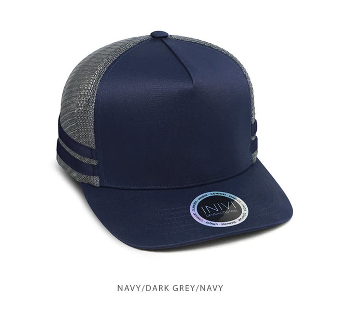 A navy trucker cap with dark grey mesh sides and a circular logo on the front.
