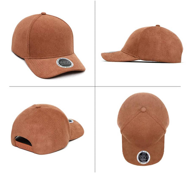 A brown cord cap featuring a round logo, displayed from multiple angles.